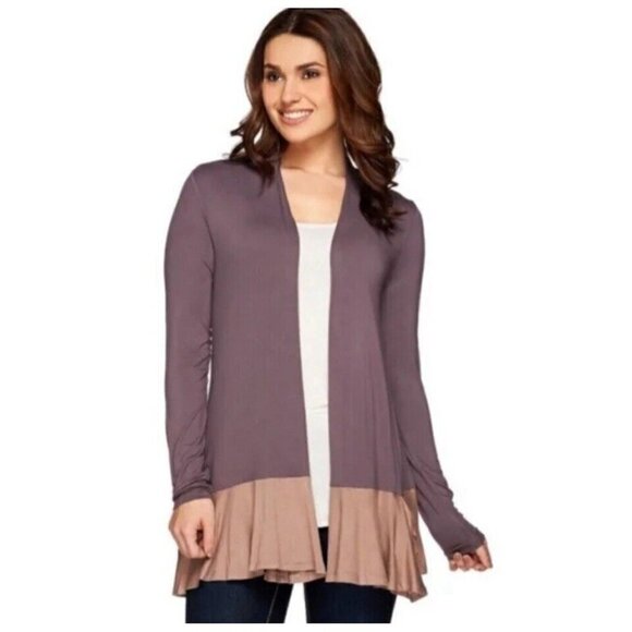 LOGO Lori Goldstein A272836 Open Front Colorblock Cardigan Contrast Pockets XL - Picture 1 of 12